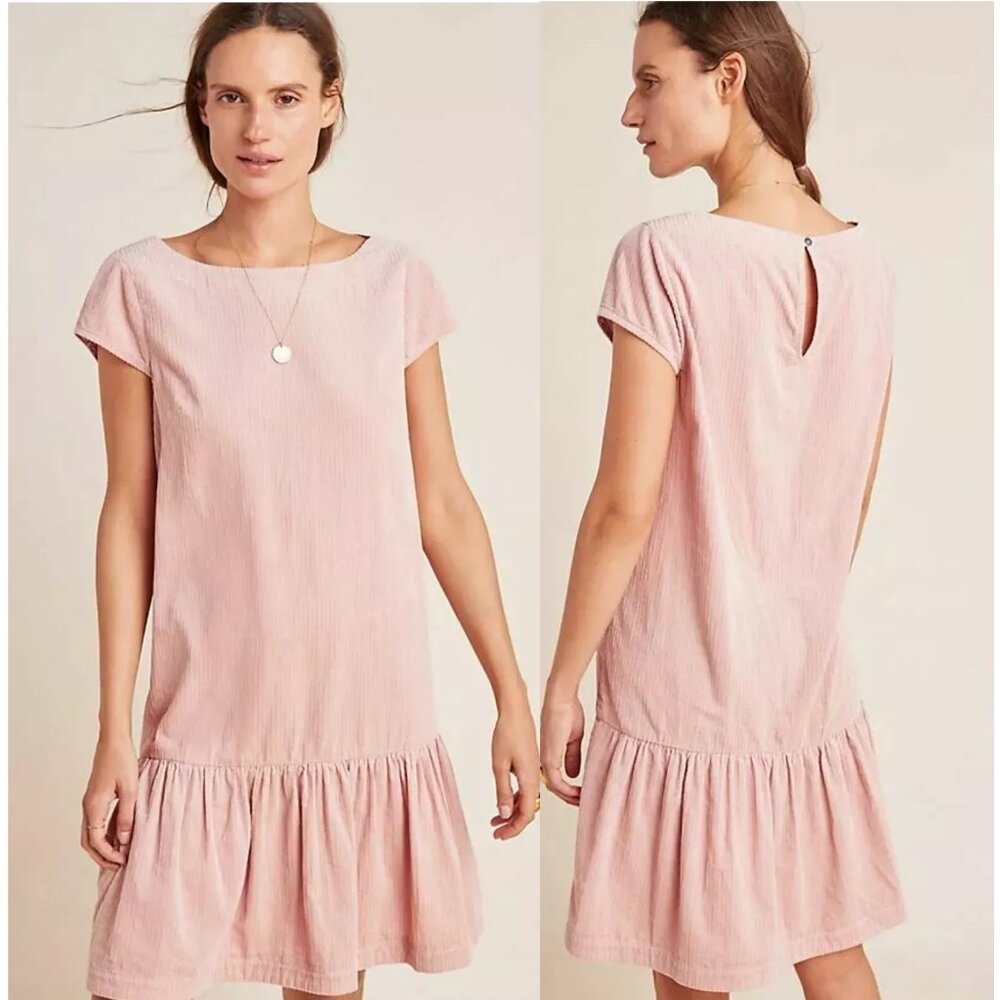 NEW Anthropologie Maeve Tessa Corduroy Flounced Tunic Light Pink Mini Dress